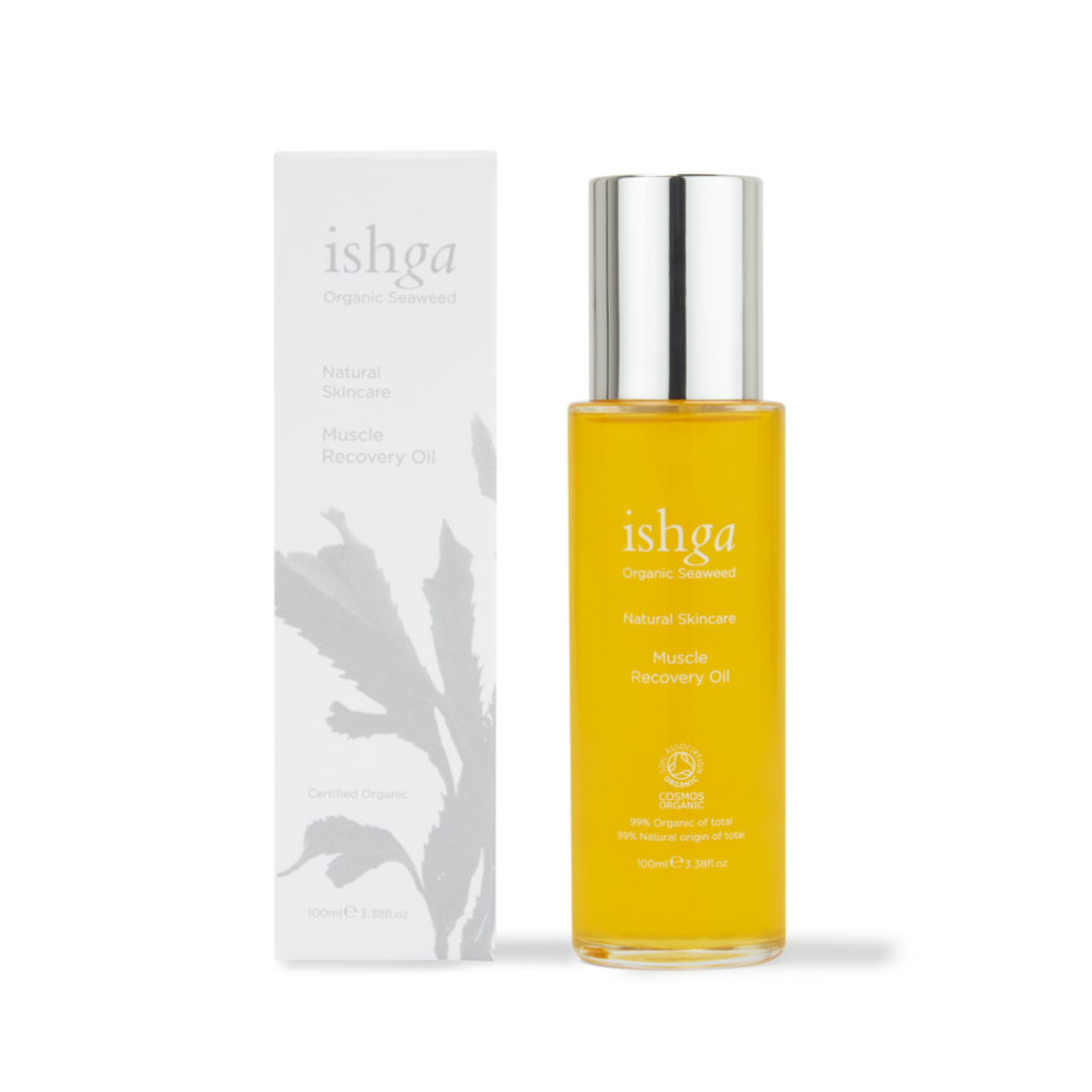 ishga Muscle Recovery Body Oil for sore muscles bottle and box
