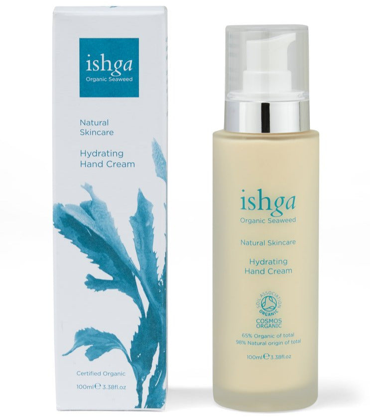 Bottle of ishga Hydrating Hand Cream next to its box