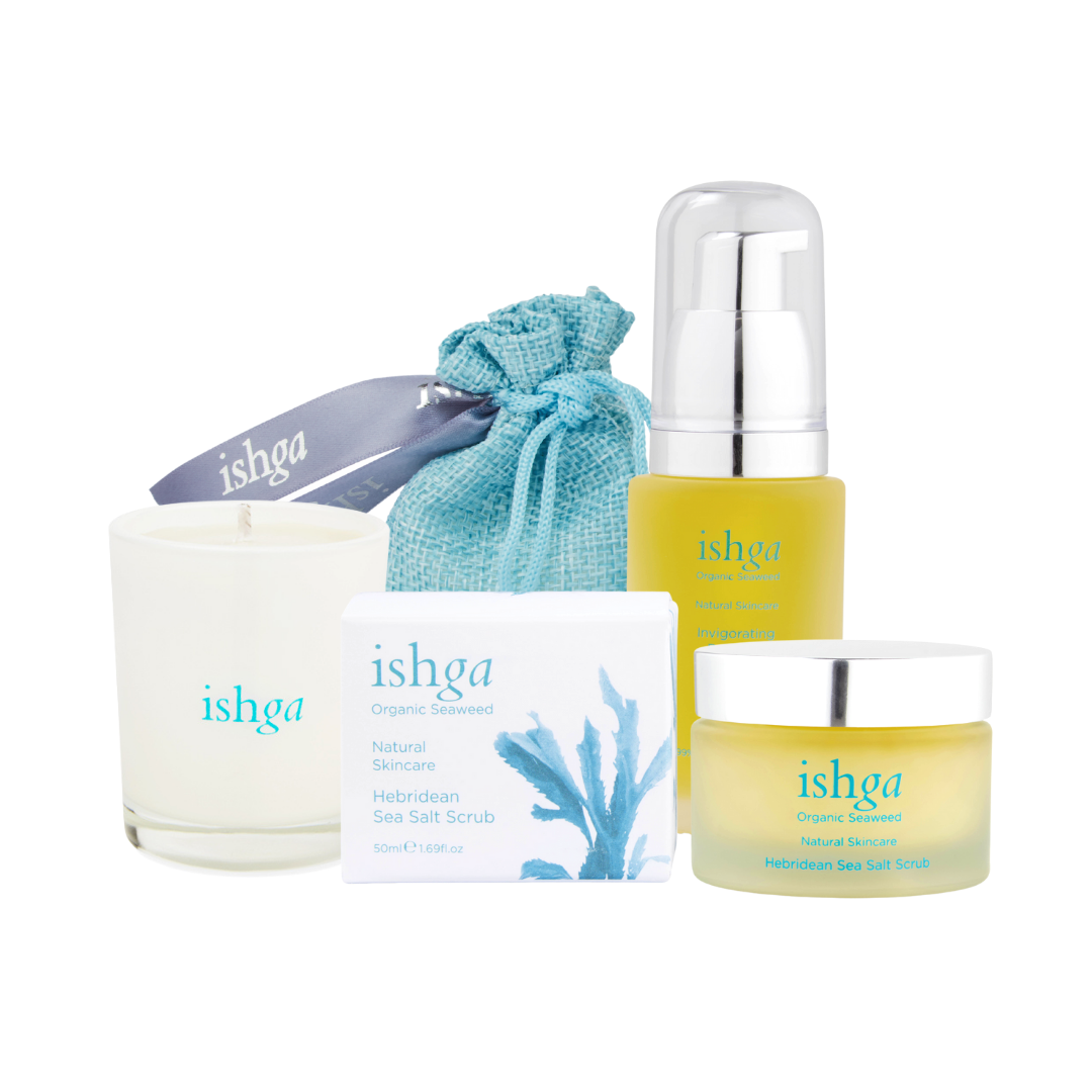 ishga Spa at Home Body Set which includes Hebridean Candle, Hebridean Sea Salt Scrub, bottle of Invigorating Body Oil and a small pouch of Invigorating Bath Salts