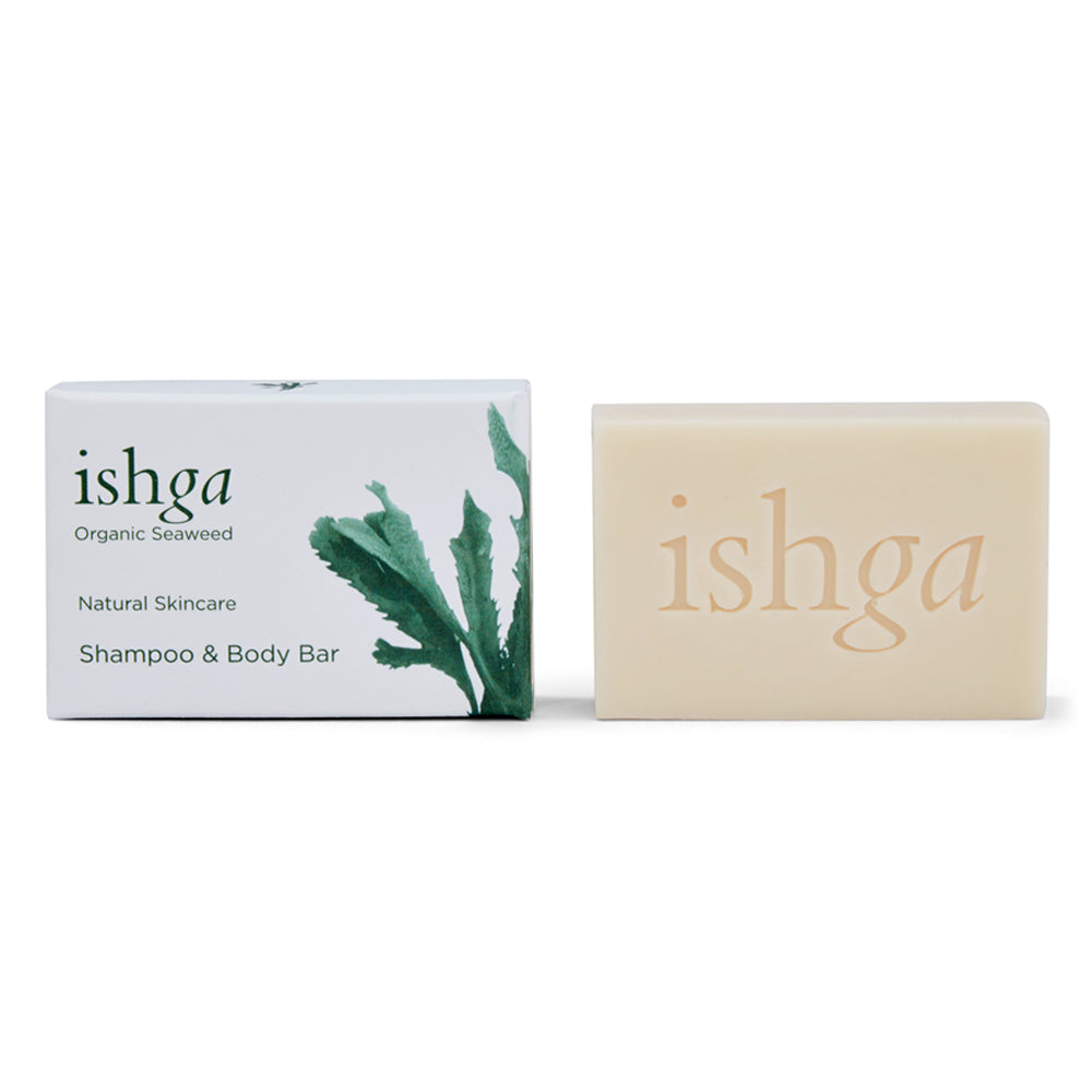 ishga Shampoo &amp; Body Bar with its box next to it