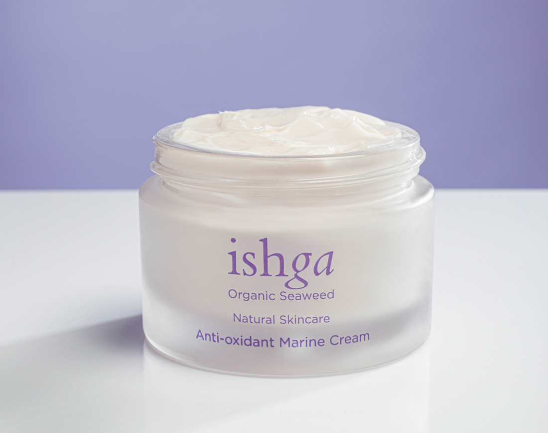 Opened jar of ishga award winning Anti-oxidant Marine Cream