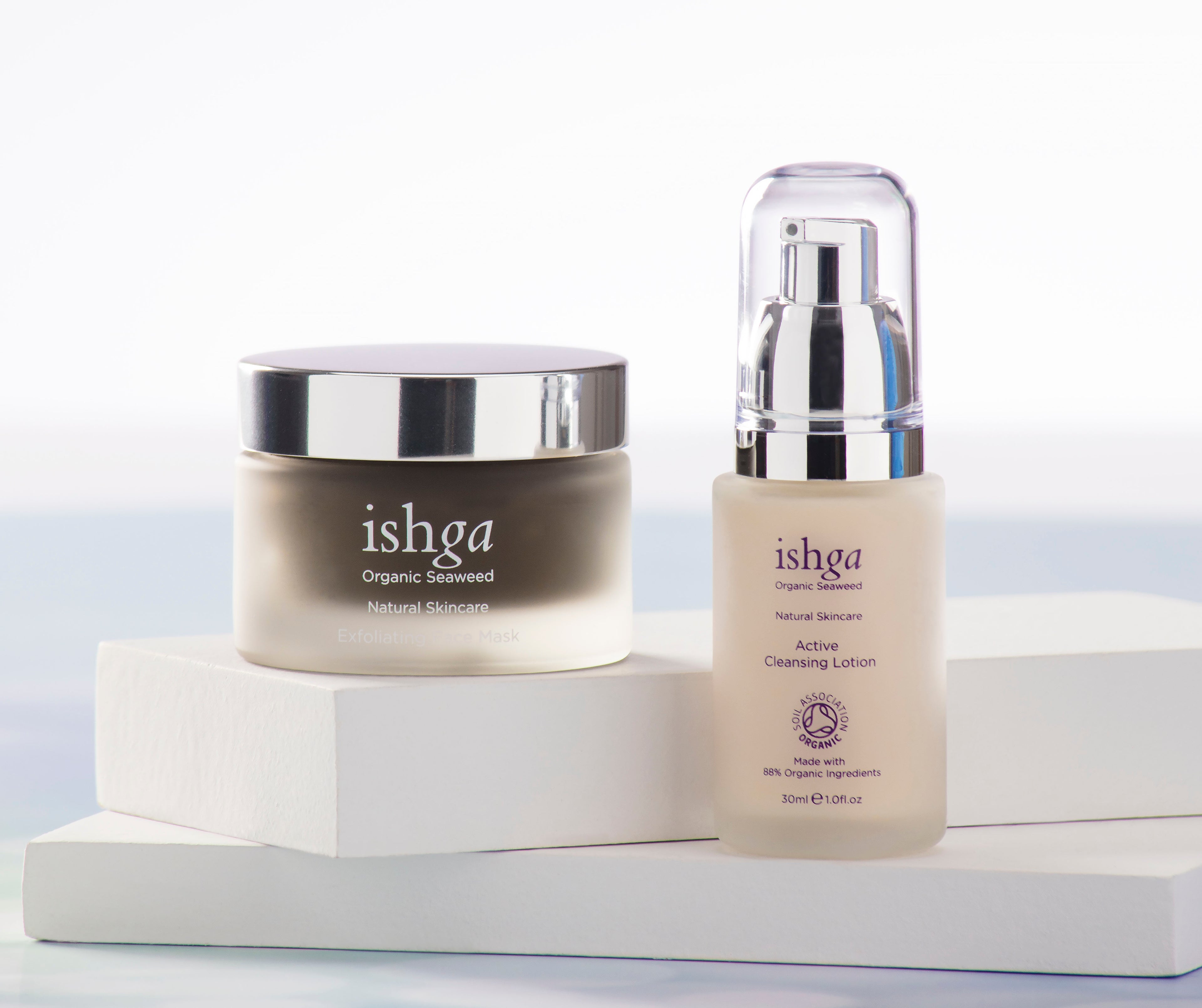 skincare bottle and jar on blocks