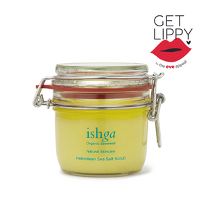 ishga Hebridean Sea Salt Scrub in a recyclable glass jar. Seaweed skincare made with organic ingredients, vegan and cruelty free, made in Scotland 