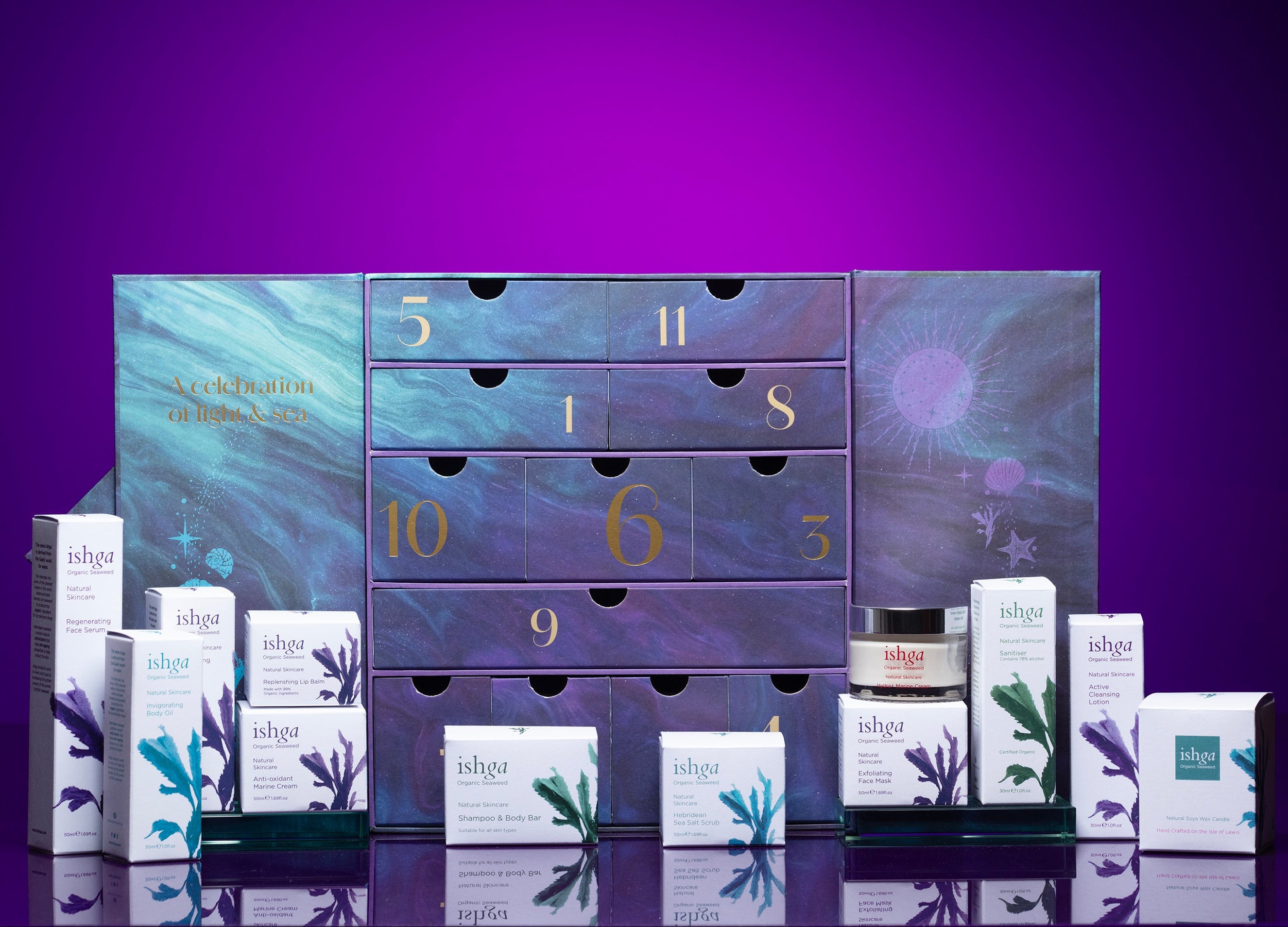 ishga skincare products and advent calendar on a purple background