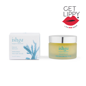 ishga Hebridean Sea Salt Scrub 50ml glass jar next to ishga box. Seaweed skincare made with organic ingredients, vegan and cruelty free, made in Scotland 