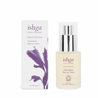 A bottle of Ishga Organic Seaweed Hebridean Marine Toner with a silver pump and clear cap, shown next to its white packaging box featuring a purple seaweed illustration.
