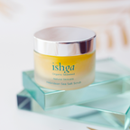 Salt scrub jar sitting on blue podium squares