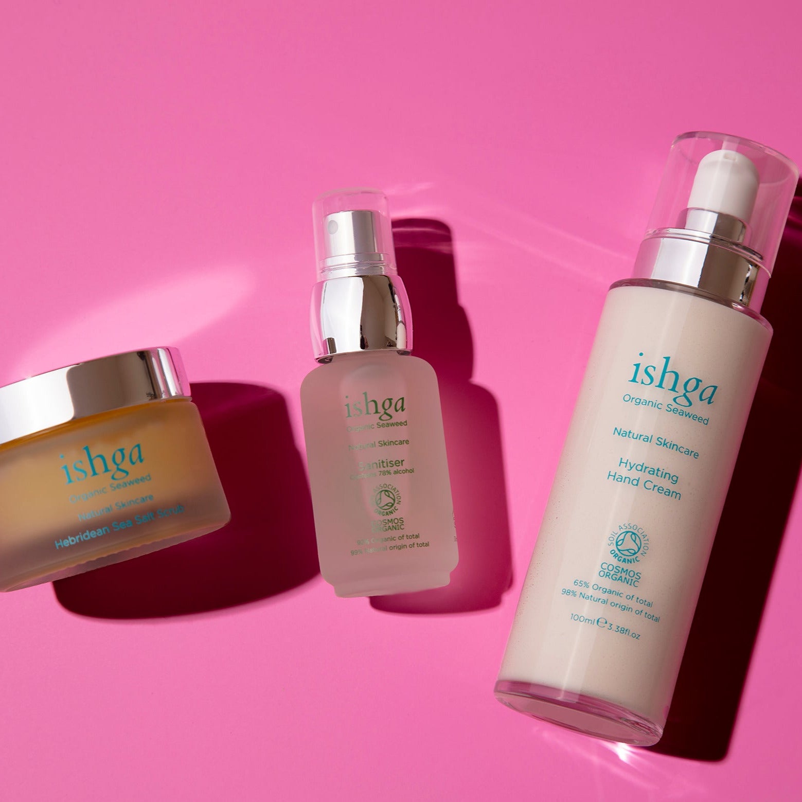 Sea Salt Scrub, Sanitiser, Hand Cream bottles. Organic and natural seaweed skincare