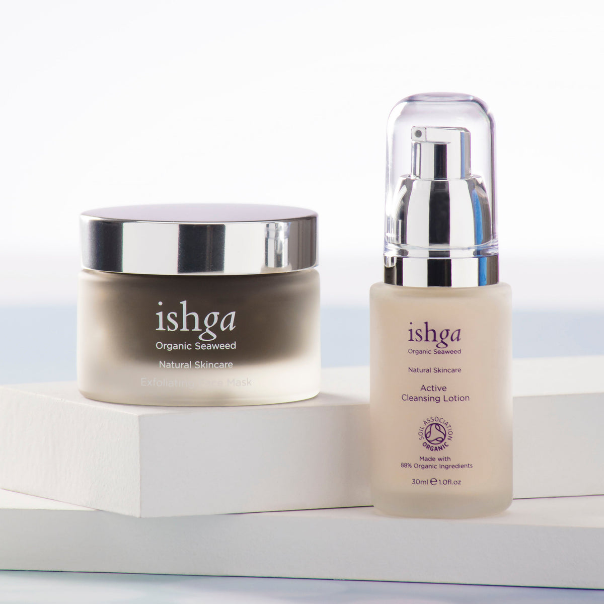 Jar of ishga Exfoliating Face Mask and bottle of Active Cleansing Lotion