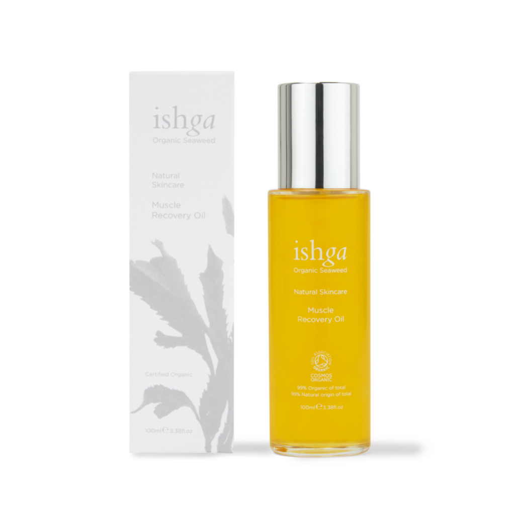 ishga Muscle Recovery Body Oil for sore muscles bottle and box 