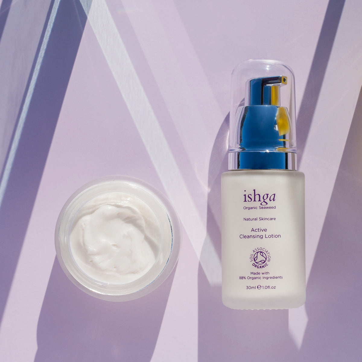 Opened jar of ishga Anti-oxidant Marine Cream and a bottle of Active Cleansing Lotion