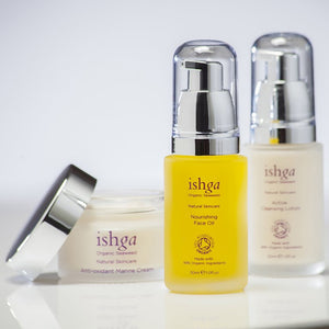 Discover ishga set, 30ml Active Cleanser, 30ml Nourishing Face Oil and 30ml Anti-oxidant Face Cream. Made with organic and natural ingredients, seaweed skincare that is toxin free 