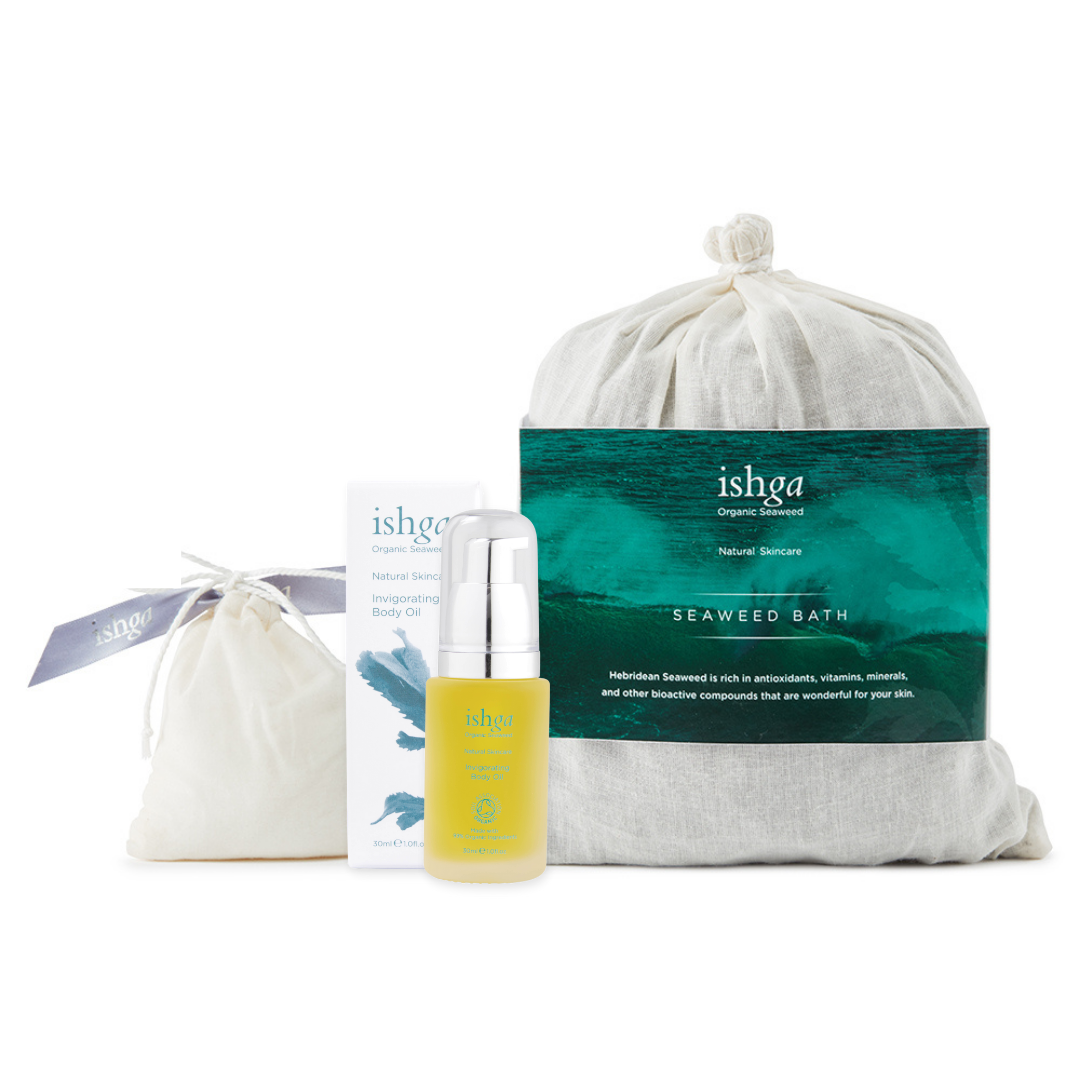 ishga Spa Home Bath Set which includes Seaweed Bath, Invigorating Body Oil and a small pouch of Invigorating Bath Salts