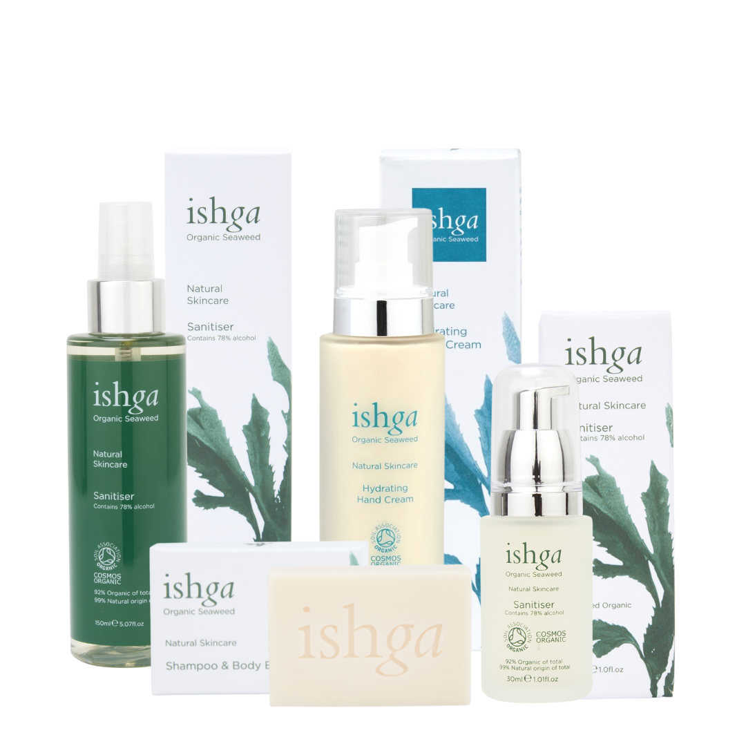 ishga Protect Gift Set which includes ishga Sanitiser, ishga Shampoo & Body Bar and Hydrating Hand Cream