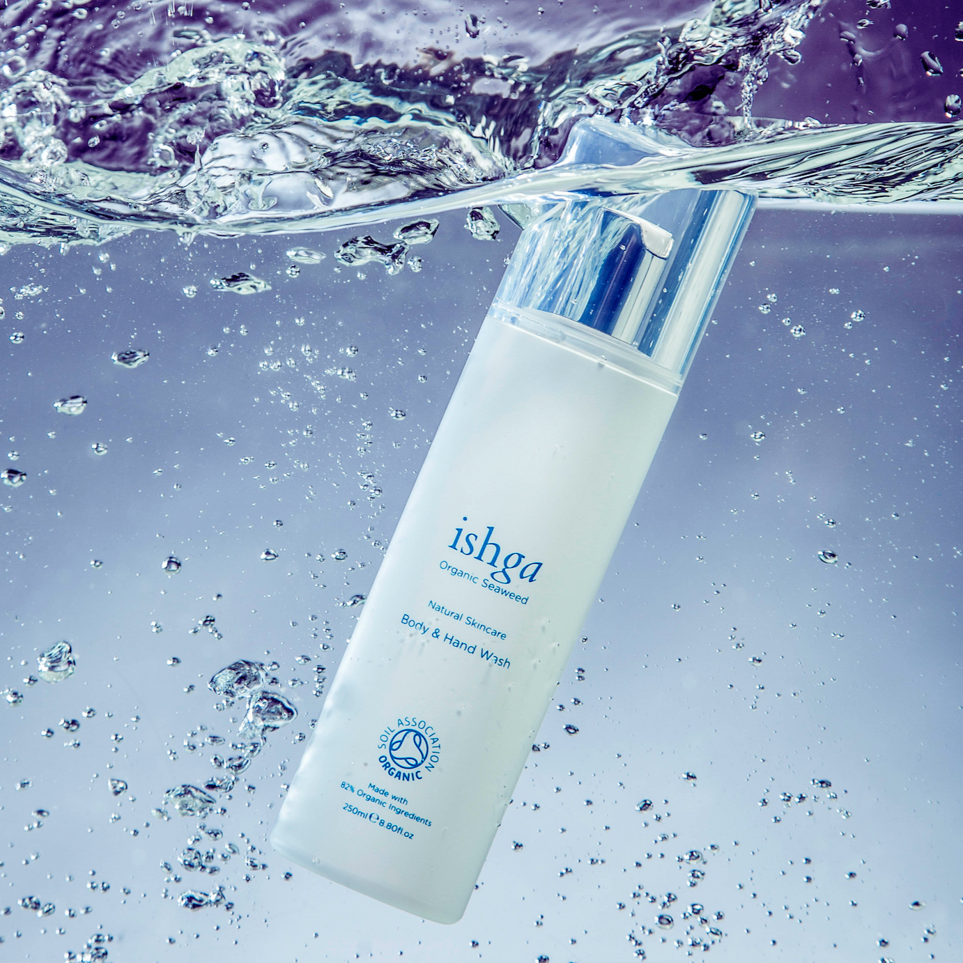 Bottle of ishga Organic Seaweed Body and Hand Wash in water