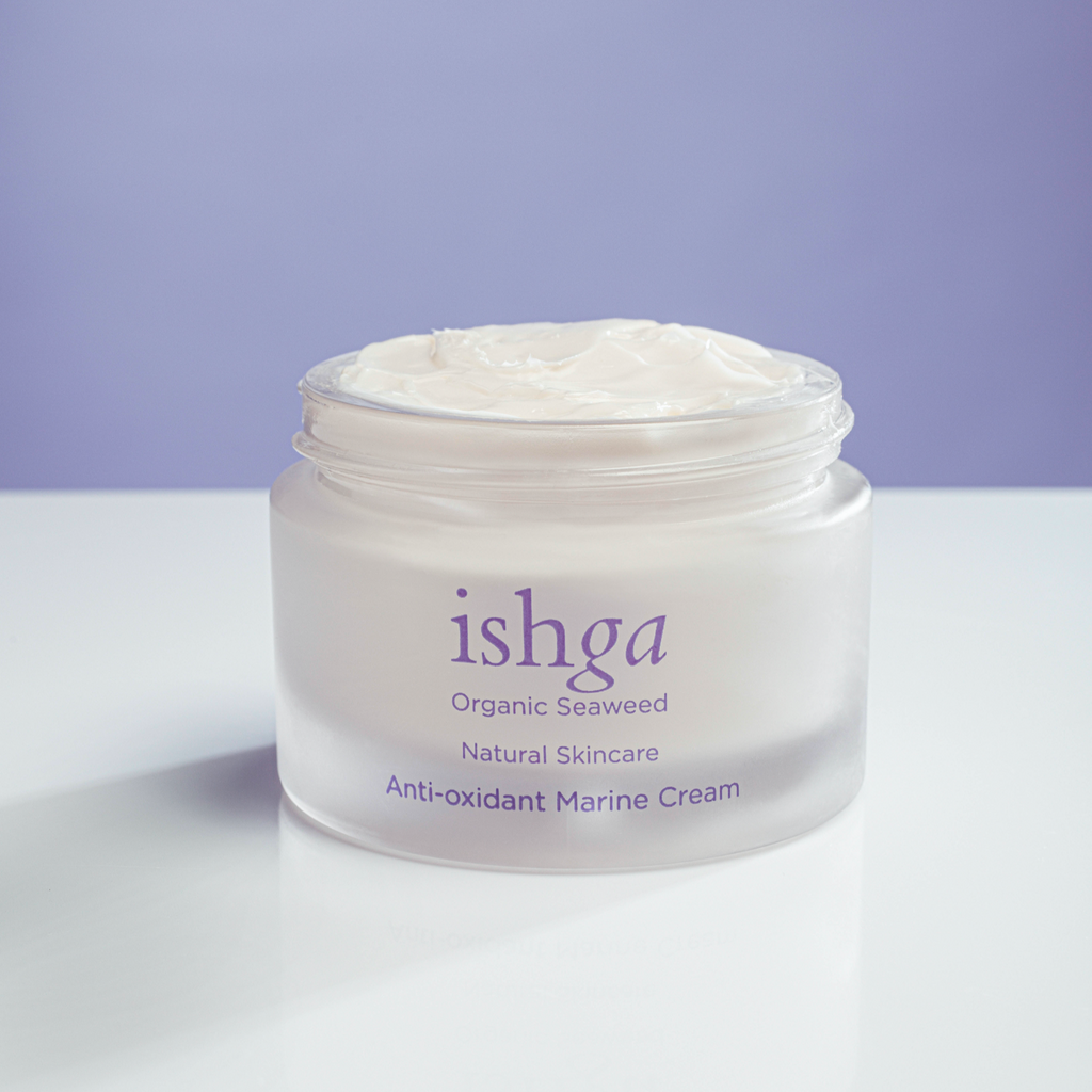Jar of award winning ishga Anti-oxidant Marine Cream open with no lid
