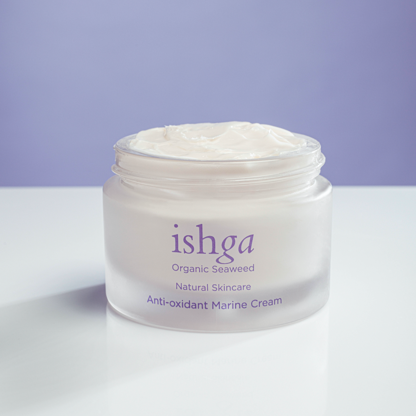 Jar of award winning ishga Anti-oxidant Marine Cream open with no lid