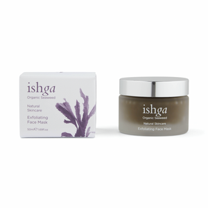 Jar of ishga Exfoliating Face Mask opened with lid next to it