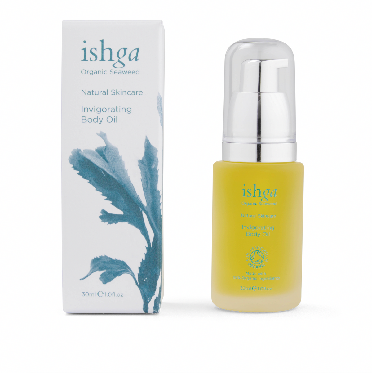 Small glass bottle of ishga Invigorating Organic Body Oil next to its box