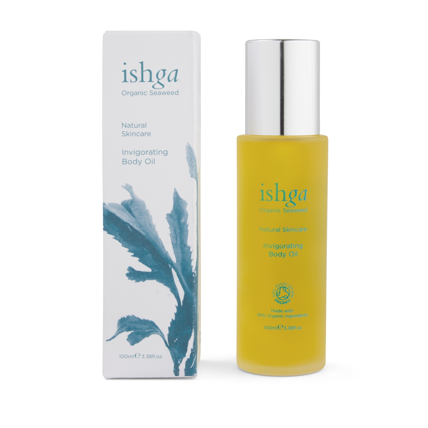 Bottle of ishga Invigorating Organic Body Oil next to its box