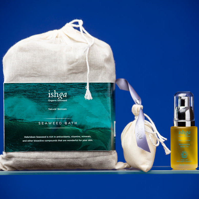 ishga Spa at Home Bath Set which includes Seaweed Bath, Invigorating Body Oil and a small pouch of Invigorating Bath Salts