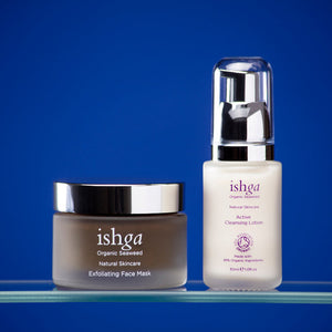 Opened jar of ishga Anti-oxidant Marine Cream and a bottle of Active Cleansing Lotion