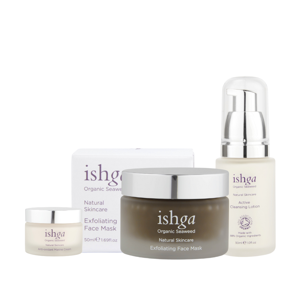 ishga Spa at Home Face Set which includes a jar of Exfoliating Face Mask, glass bottle of Active Cleansing Lotion and small jar of Anti-oxidant Marine Cream