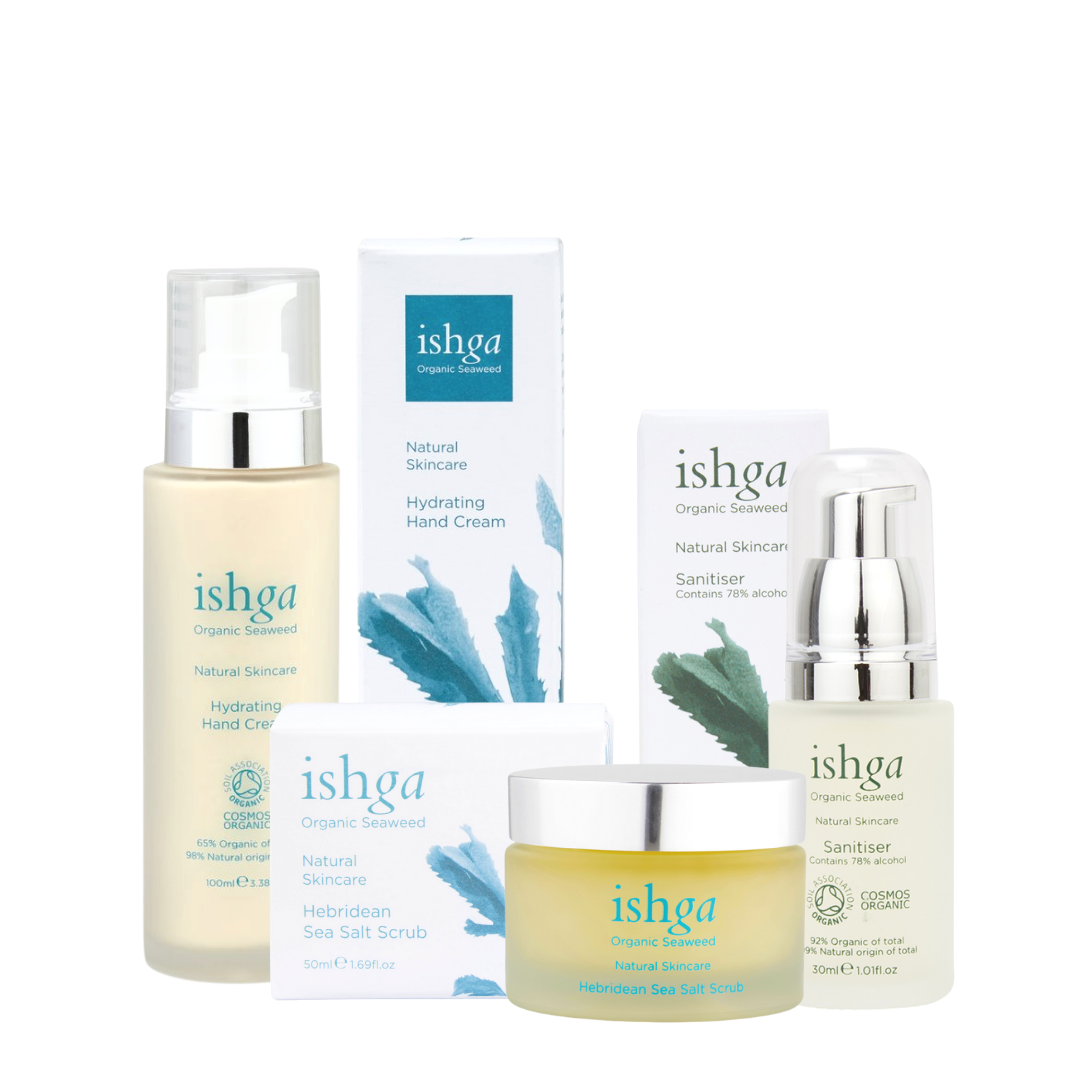 ishga Spa at Home Hands Set, including Hydrating Hand Cream, Hebridean Sea Salt Scrub and Sanitiser next to their boxes