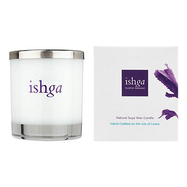 ishga Hebridean Aura hand poured seaweed candle  next to its box
