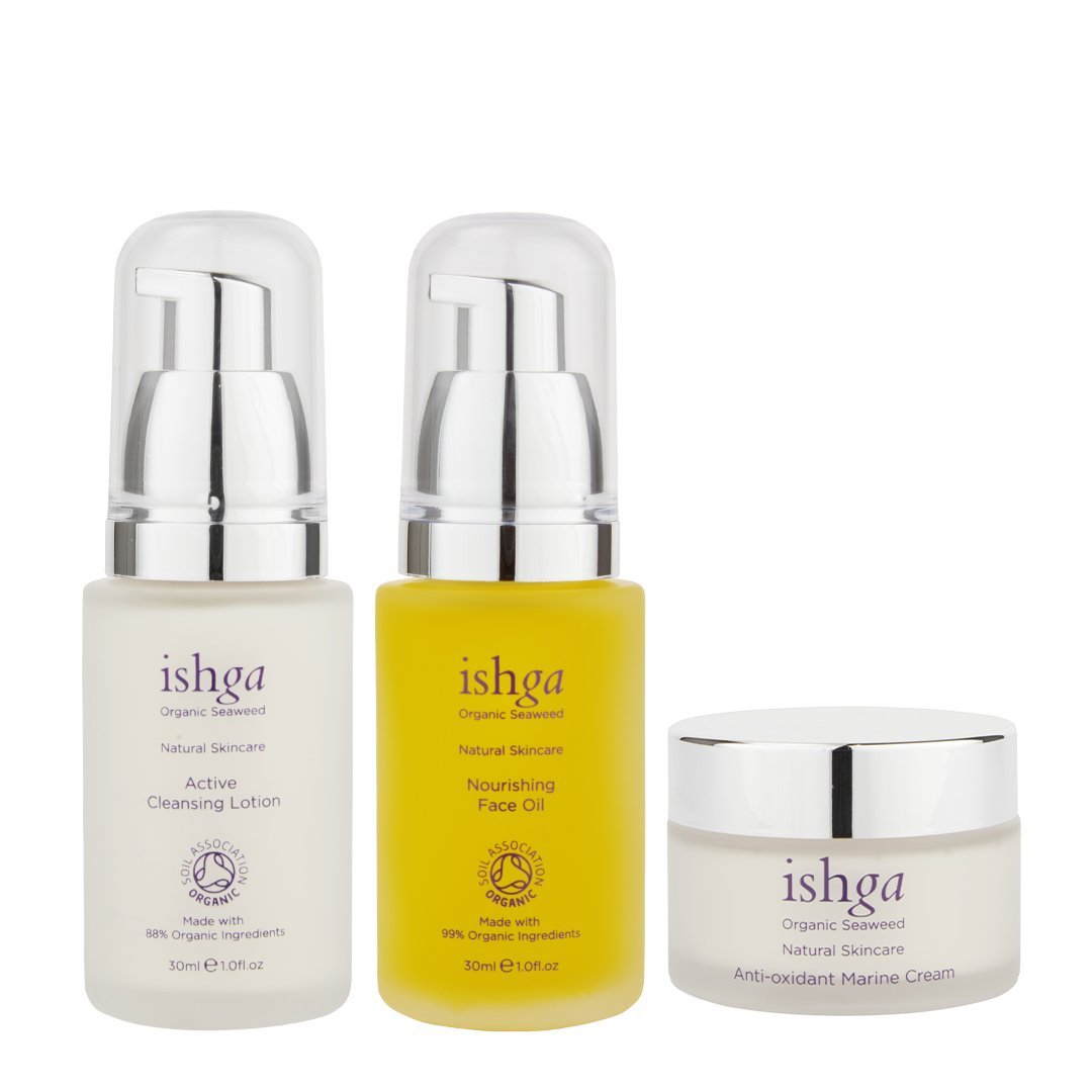Discover ishga set, 30ml Active Cleanser, 30ml Nourishing Face Oil and 30ml Anti-oxidant Face Cream. Made with organic and natural ingredients, seaweed skincare that is toxin free 