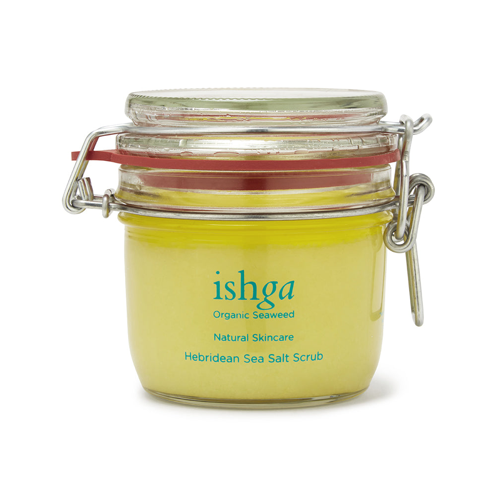 ishga Hebridean Sea Salt Scrub in a recyclable glass jar. Seaweed skincare made with organic ingredients, vegan and cruelty free, made in Scotland 